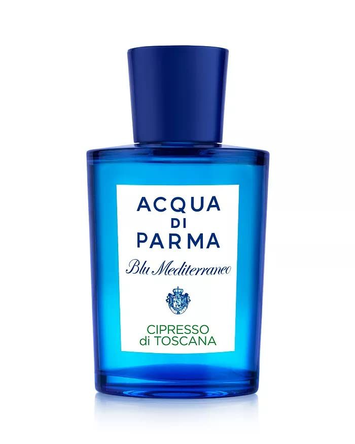 Zylindrische blaue Verpackung mit weißem Etikett. Aufschrift: Acqua di Parma Blu Mediterraneo Cipresso di Toscana.