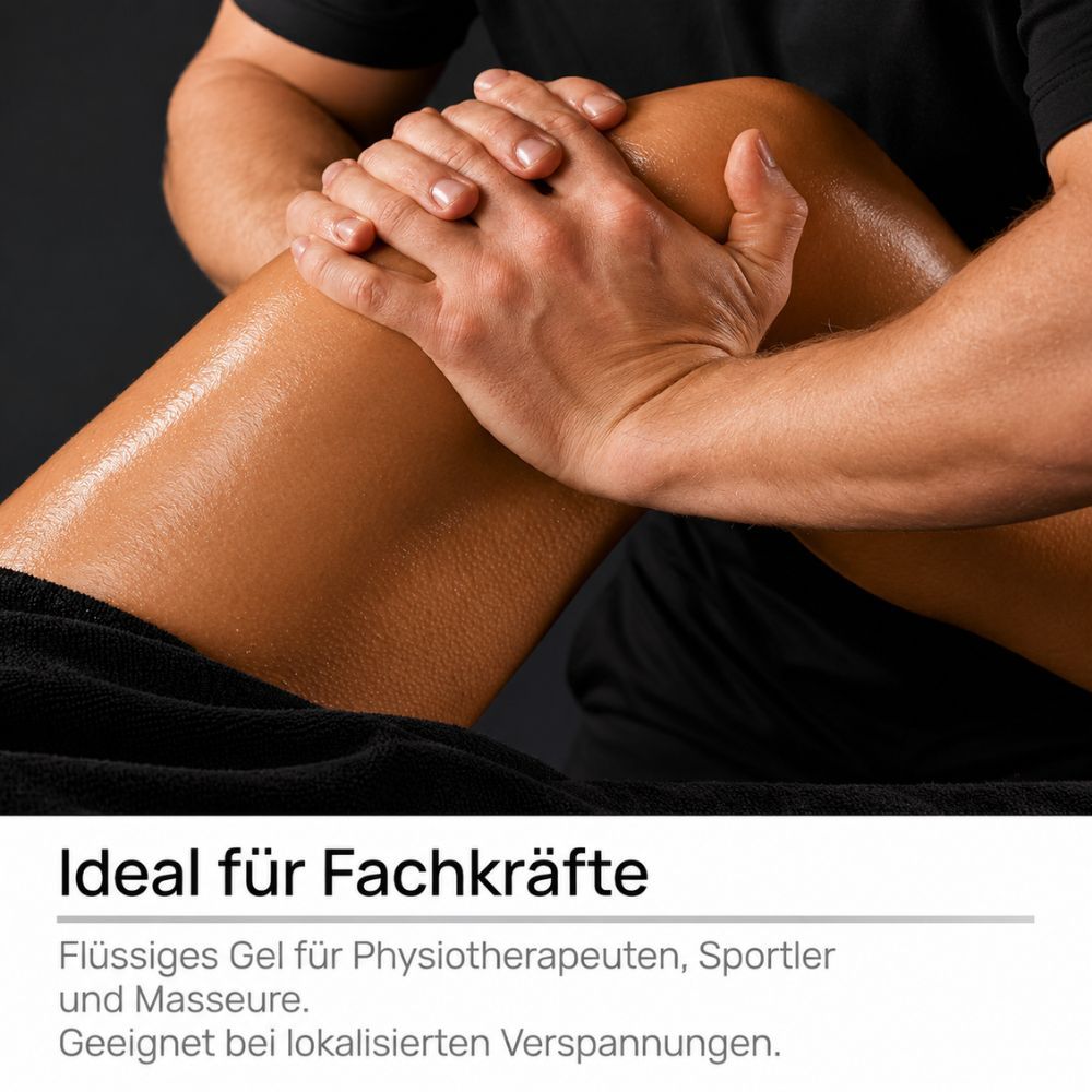 Mann massiert Knie eines anderen Mannes. Gel für Physiotherapeuten, Sportler und Masseure.