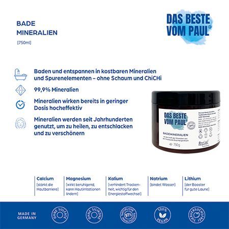Produktabbildung mit Text. Braunes Tiegel "Das Beste vom Paul" 750g. Informationen zu Mineralien. Vegan, ohne Tierversuche, ohne Mikroplastik.
