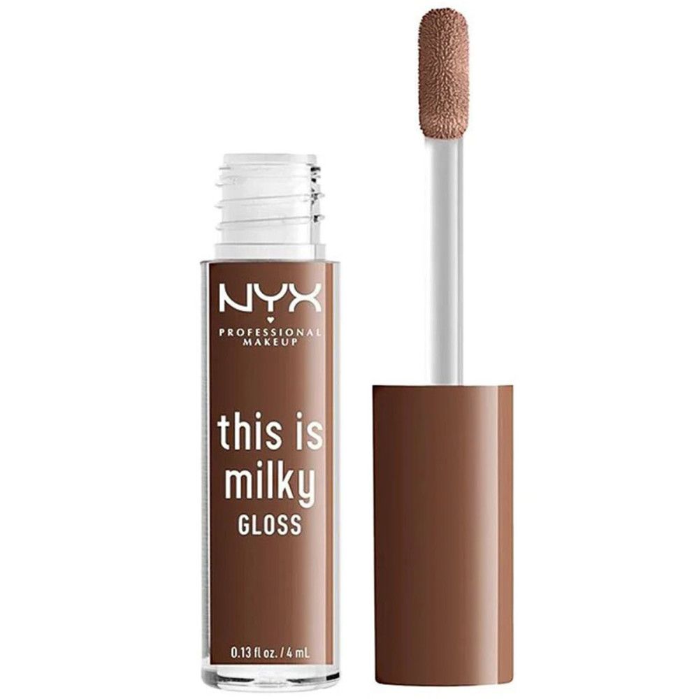 Brauner Lipgloss in einer transparenten Flasche. Der Applikator ist sichtbar. Auf der Flasche steht "NYX Professional Makeup" und "this is milky GLOSS".