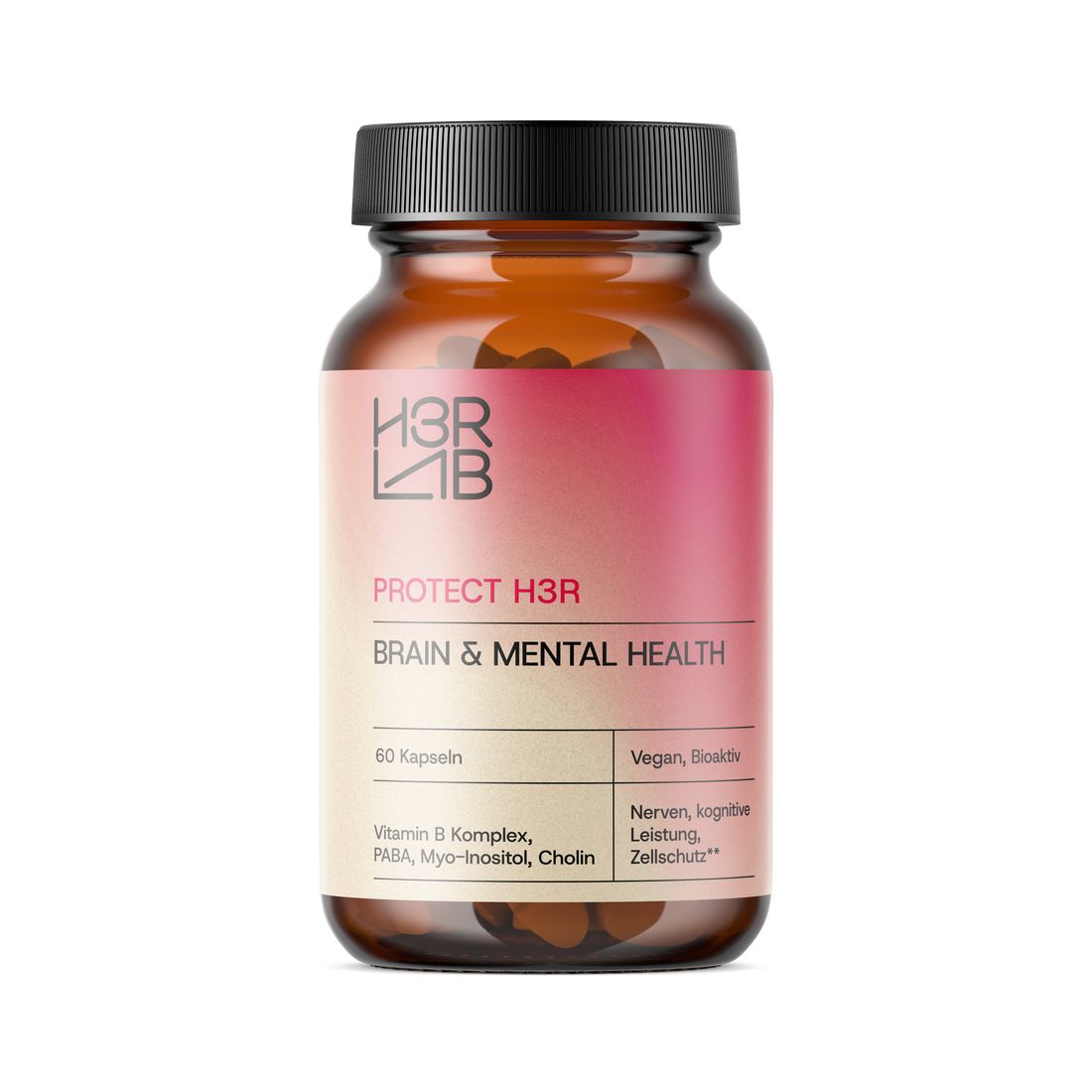 Braune Glasflasche mit Kapseln. Etikett mit Produktinformationen: H3R LAB, PROTECT H3R, 8 B-Vitamine, Myo-Inositol & PABA.