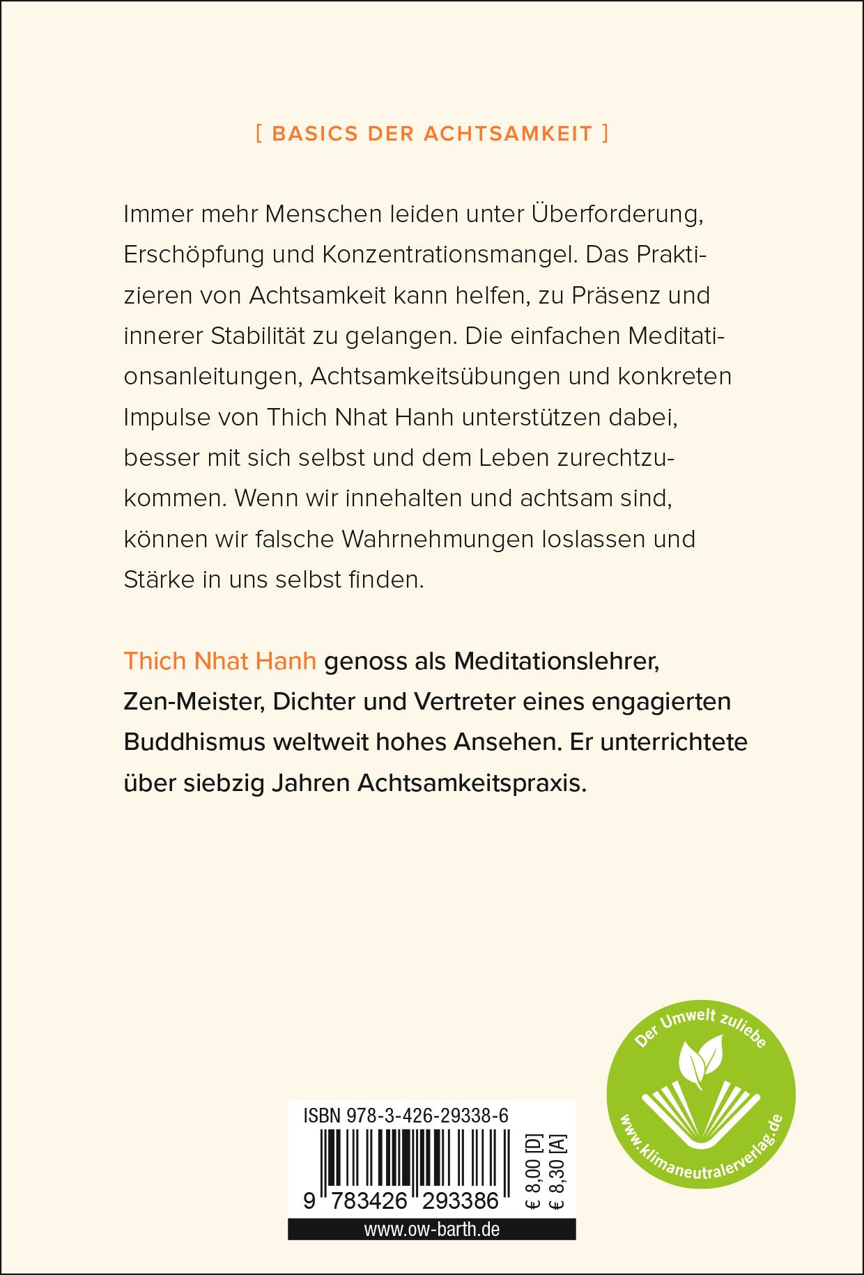 Buchrücken mit Text. Titel: "Einfach präsent". Autor: Thich Nhat Hanh. Umweltzeichen.