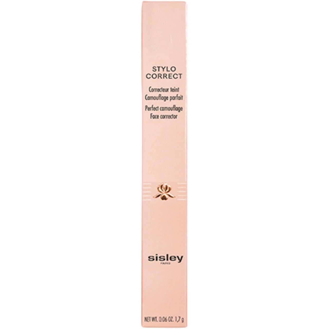 Rosa Verpackung für Stylo Correct. Aufschrift: STYLO CORRECT, sisley paris. Nettoinhalt: 0.06 oz. 1,7 g.