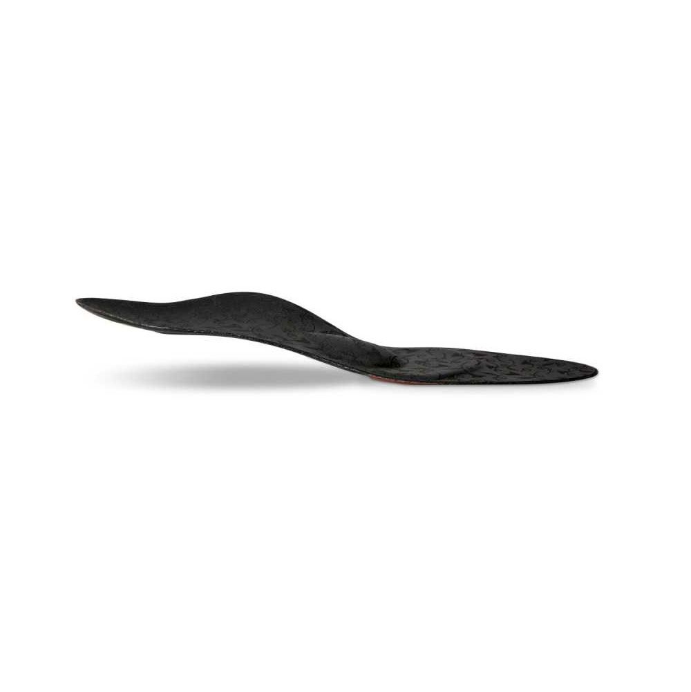 Schwarze Einlegesohle, seitliche Ansicht. Anatomische Form mit leichter Wölbung.