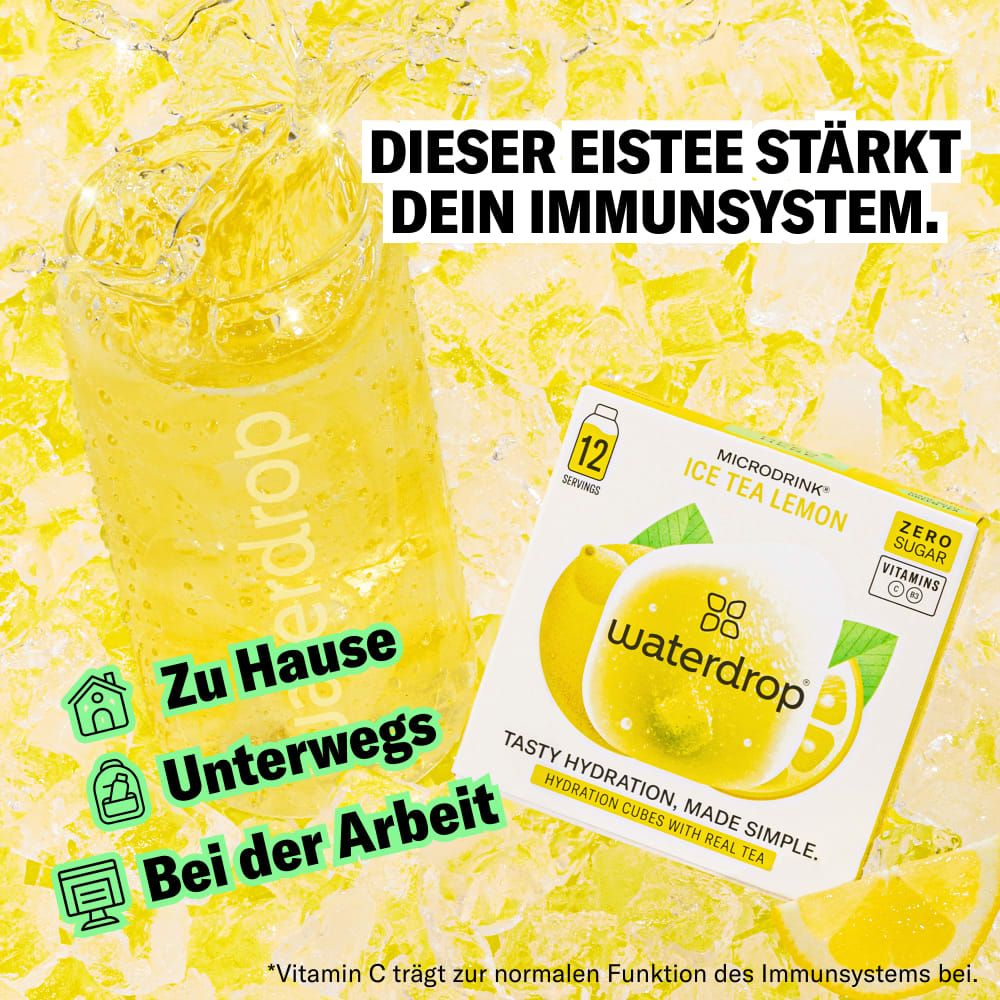 waterdrop® Ice Tea Lemon-Box neben einem Glas und Zitronen. Aufschrift: "Zu Hause, Unterwegs, Bei der Arbeit".