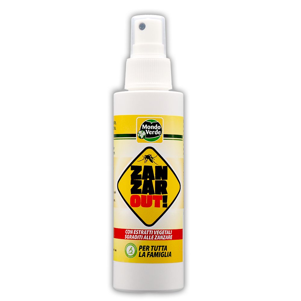 Flacone spray bianco con etichetta gialla. Scritta: Zanzarout! Logo: Mondo Verde. Contiene estratti vegetali. Per tutta la famiglia.