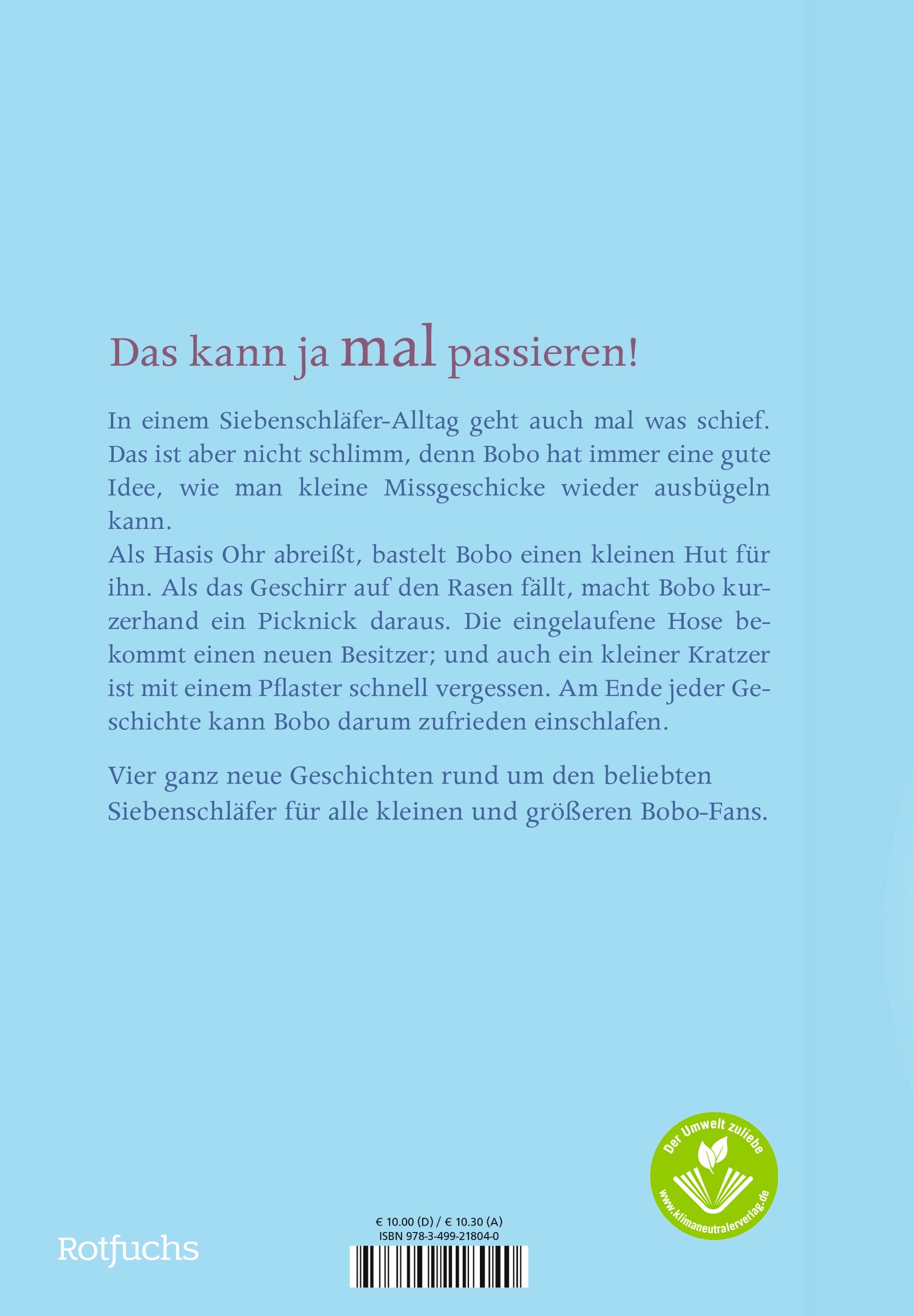 Rückseite des Buches Bobo Siebenschläfer. Text in deutscher Sprache. Logo: Der grüne Zweig, ein Zeichen für nachhaltige Produkte.