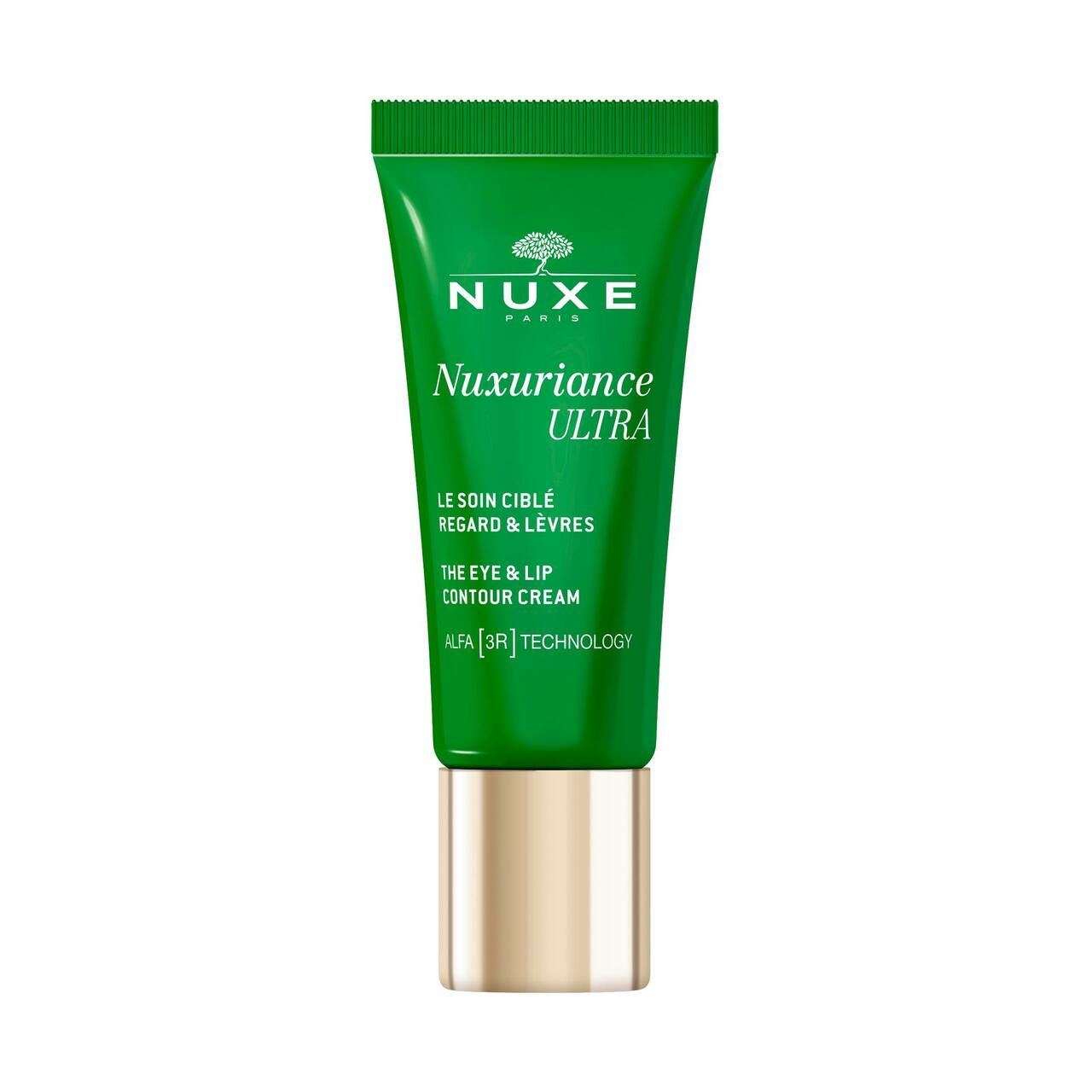 Grüne Tube mit goldfarbenem Deckel. Text: NUXE, Nuxuriance Ultra, Augen- und Lippenkonturencreme.