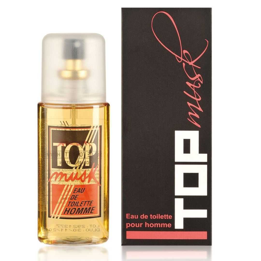 Flacone e confezione Eau de Toilette "Top Musk". Flacone con vaporizzatore dorato. Confezione nera con testo rosa.