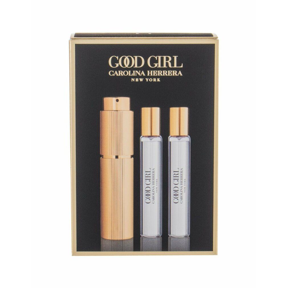 Geschenkset mit goldfarbenem Behälter, zwei Nachfüllungen und einer Schachtel. Aufschrift: Good Girl, Carolina Herrera.