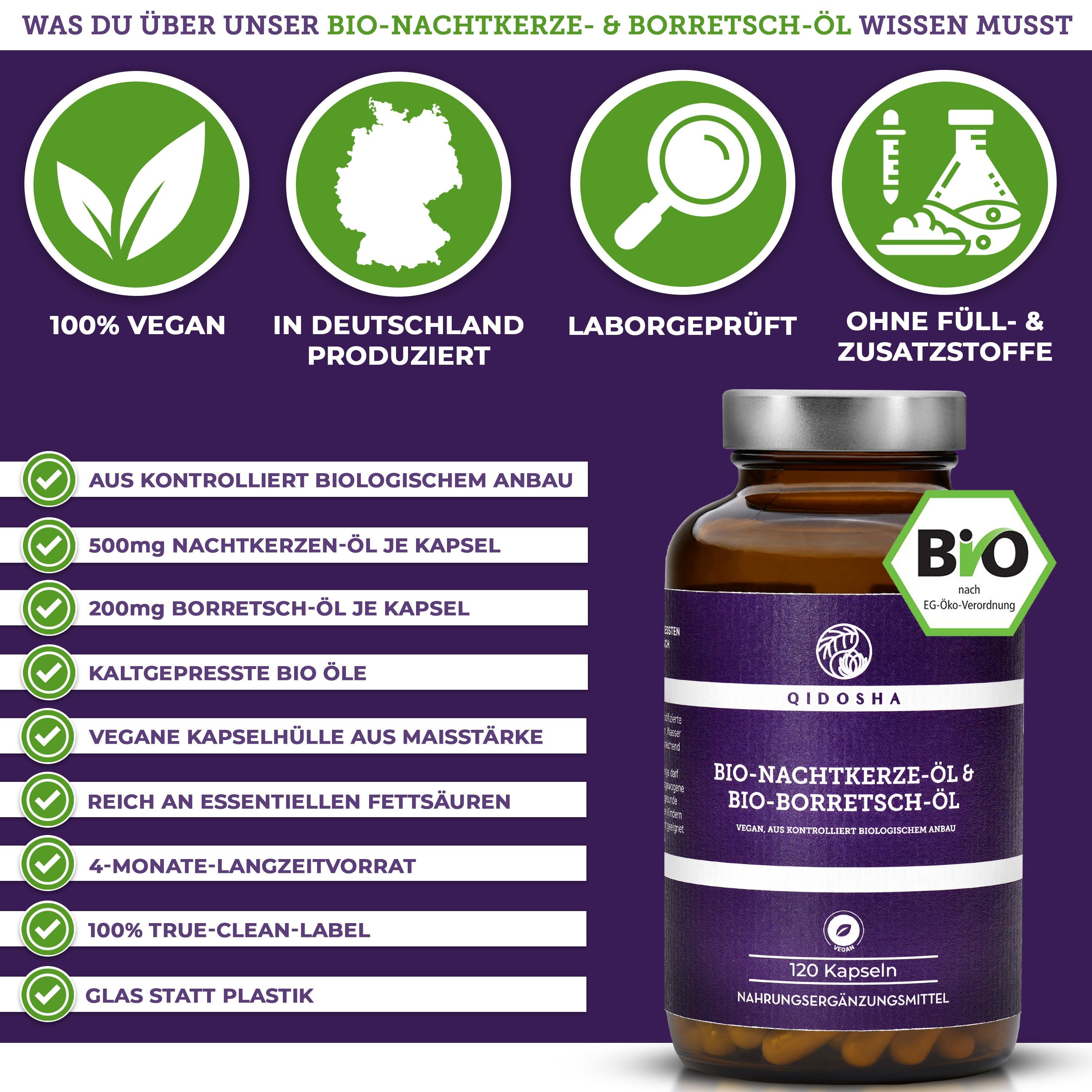 Qidosha Bio Hanföl Kapseln: 100% vegan, kaltgepresst, aus Frankreich & Kanada, 151g.
