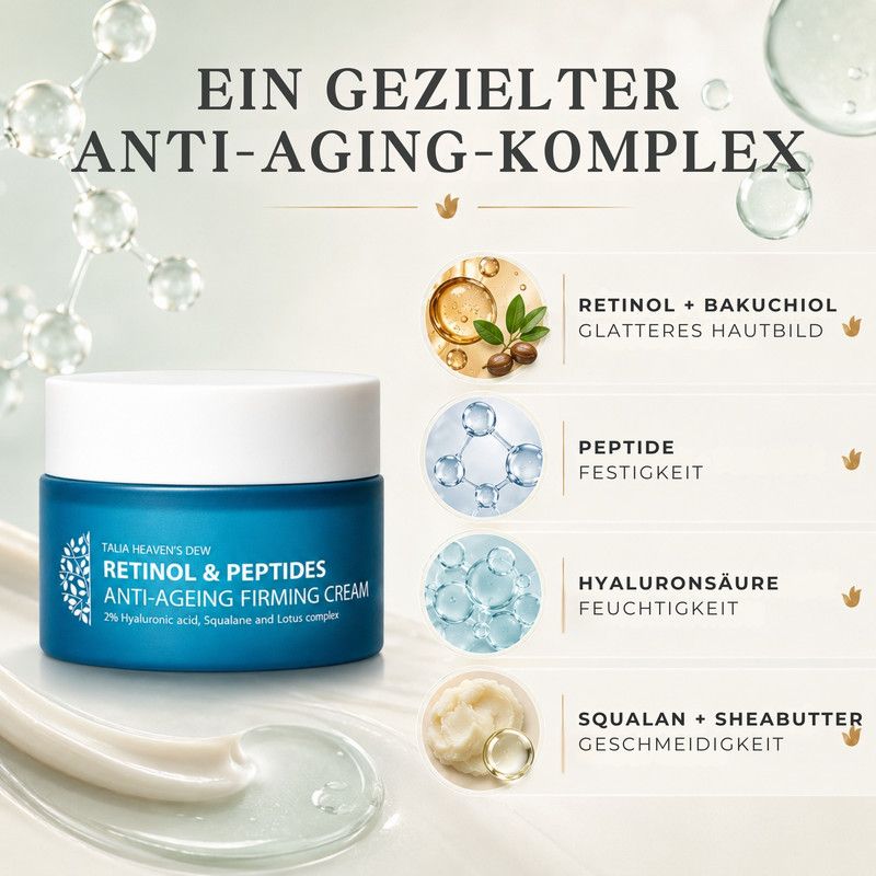 Blauer Tiegel mit Talia Heaven's Dew Retinol & Peptides Anti-Ageing Firming Cream. Enthält Retinol, Peptide, Hyaluronsäure.