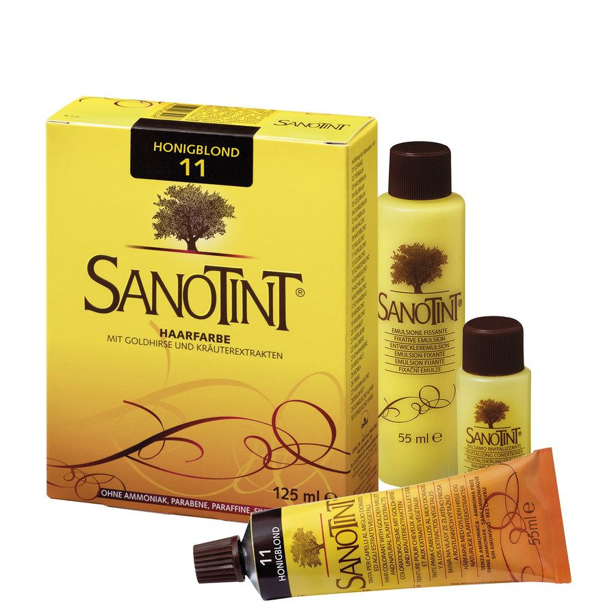 Sanotint Haarfarbe Classic 11 Honigblond. Gelbe Verpackung mit Produktbestandteilen. Enthält Flaschen und eine Tube. Aufschrift: Honigblond 11.