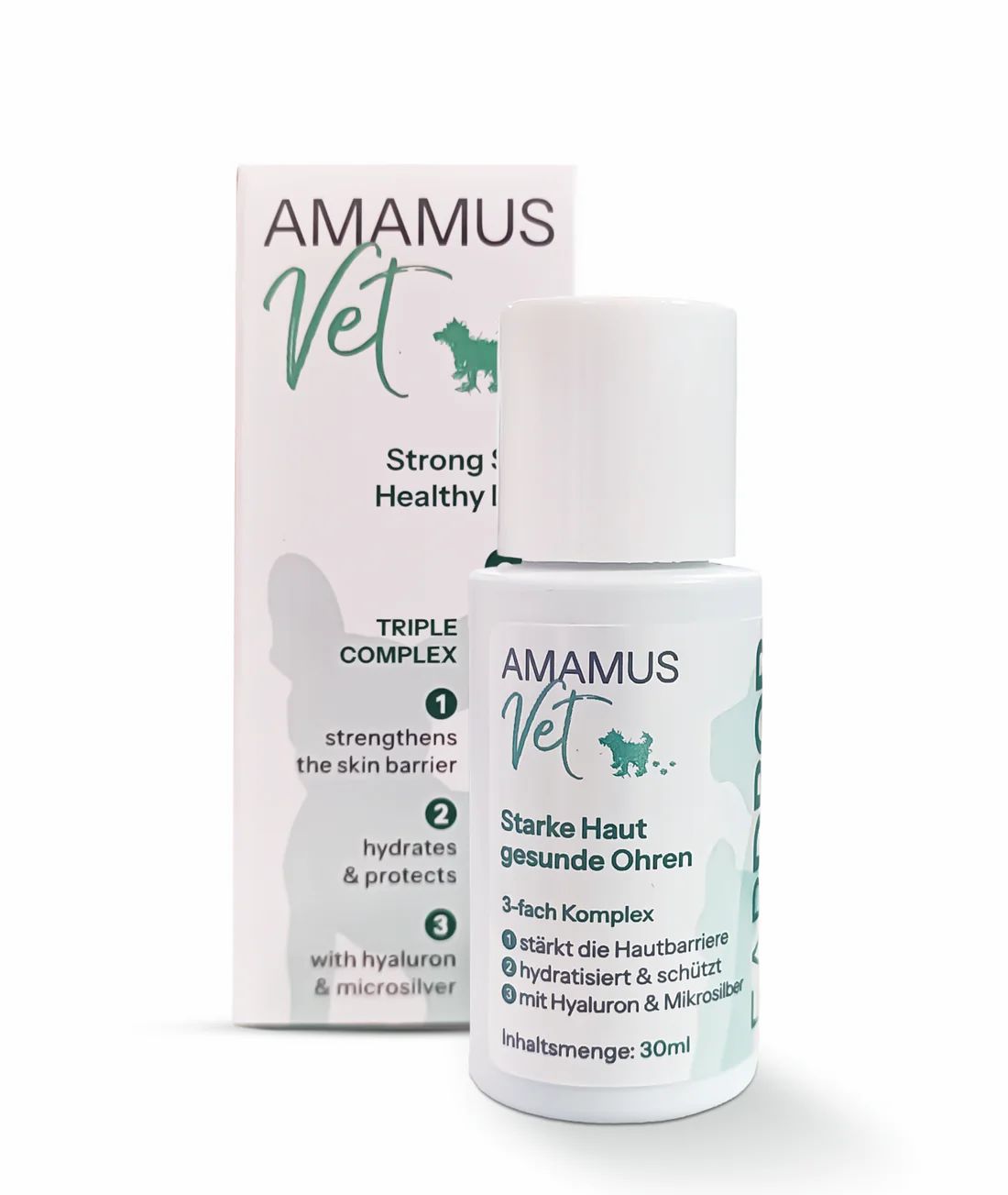 Produktverpackung mit Flasche. Aufschrift AMAMUS Vet, mit Hund. Flasche mit weißem Deckel. Text: Starke Haut, gesunde Ohren, 3-fach Komplex.