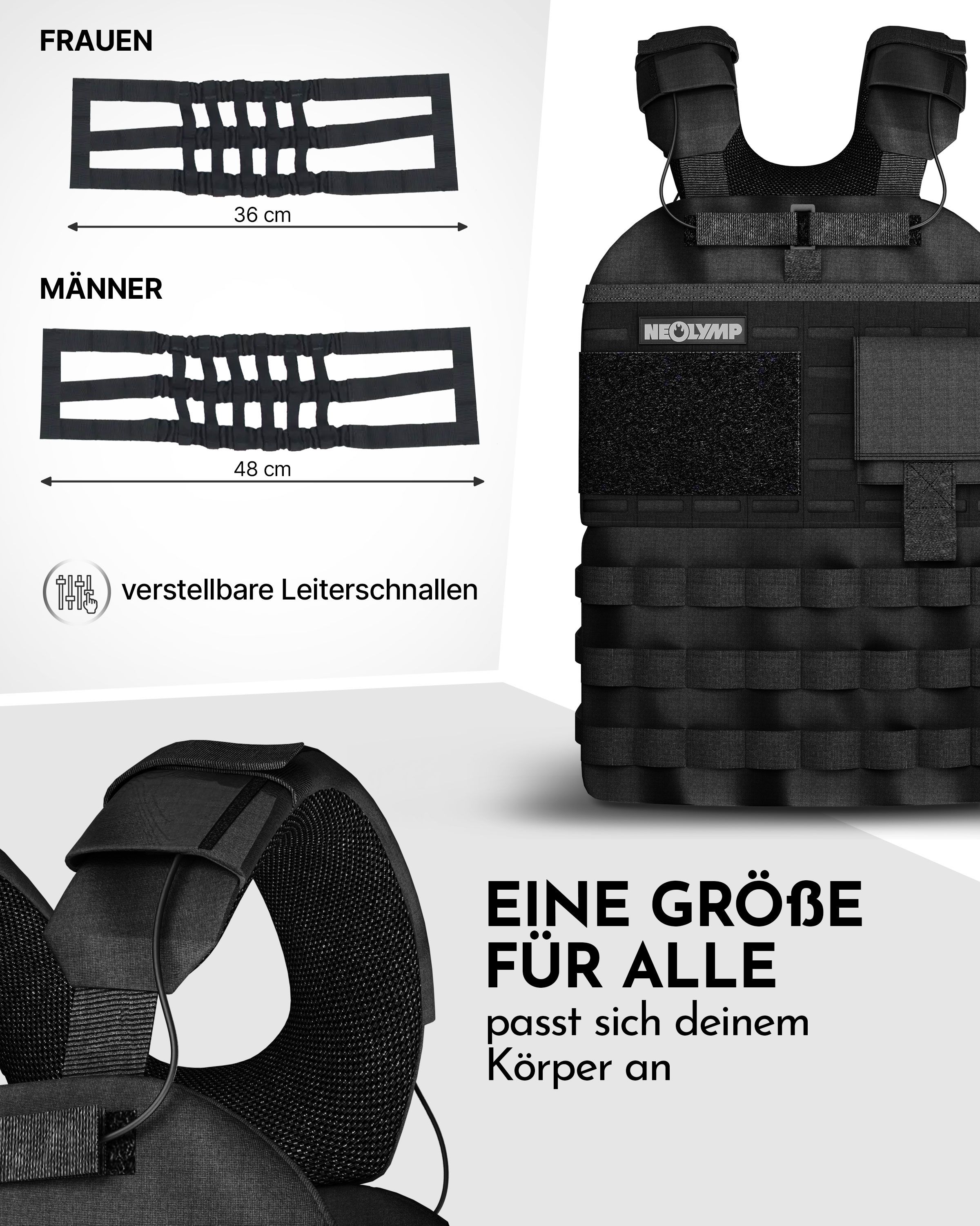 Schwarze NEOLYMP Gewichtsweste. Text: 'Eine Größe für alle'. Zwei verstellbare Gurte, einer für Frauen (36 cm), einer für Männer (48 cm). Text: 'verstellbare Leiterschnallen'.