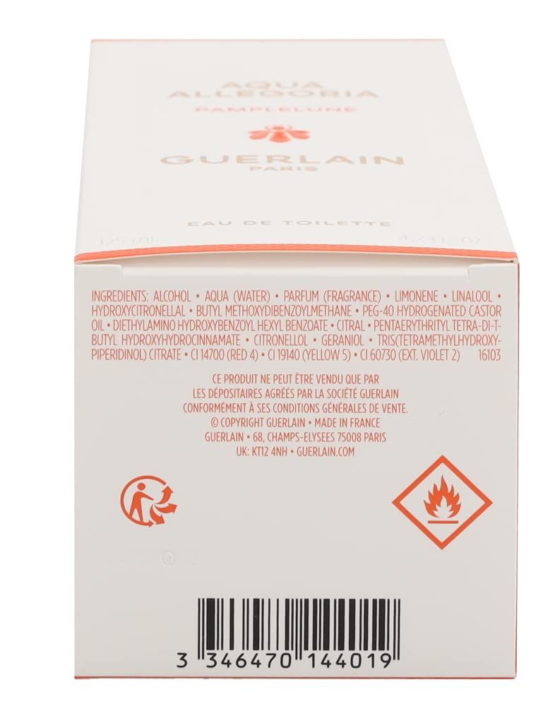 Weiße Verpackung mit Text. Aufschrift: "Aqua Allegoria Pamplelune" und "Guerlain". Enthält Inhaltsstoffe und Warnhinweise.
