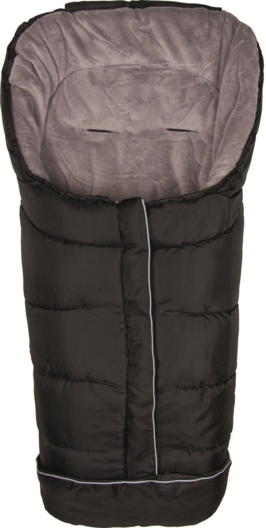 Schwarzer Winterfußsack mit grauem Innenfutter. Steppdesign mit weißer Paspelierung. Zwei Schlitze im Kopfbereich.