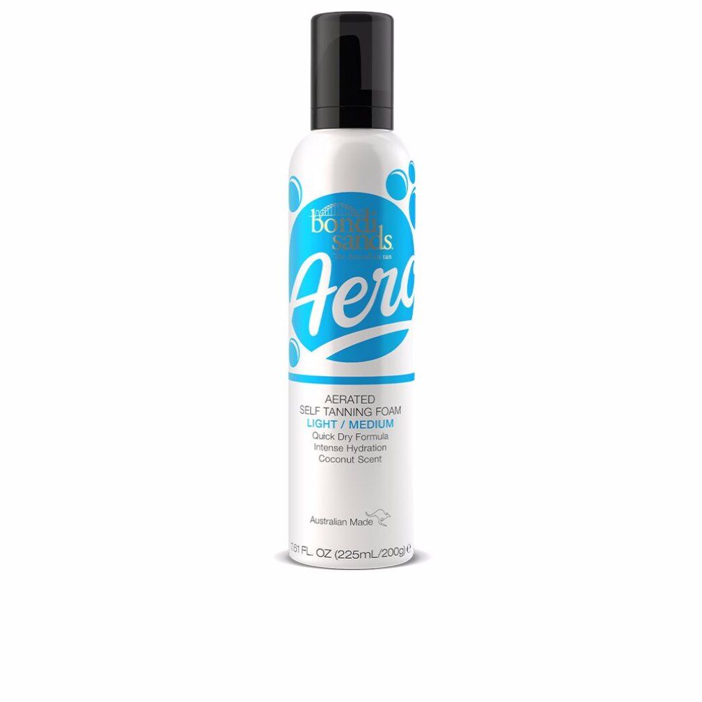 Weiße Flasche mit schwarzem Deckel. Aufschrift "Bondi Sands Aero". Text: "Light/Medium", "Quick Dry Formula".