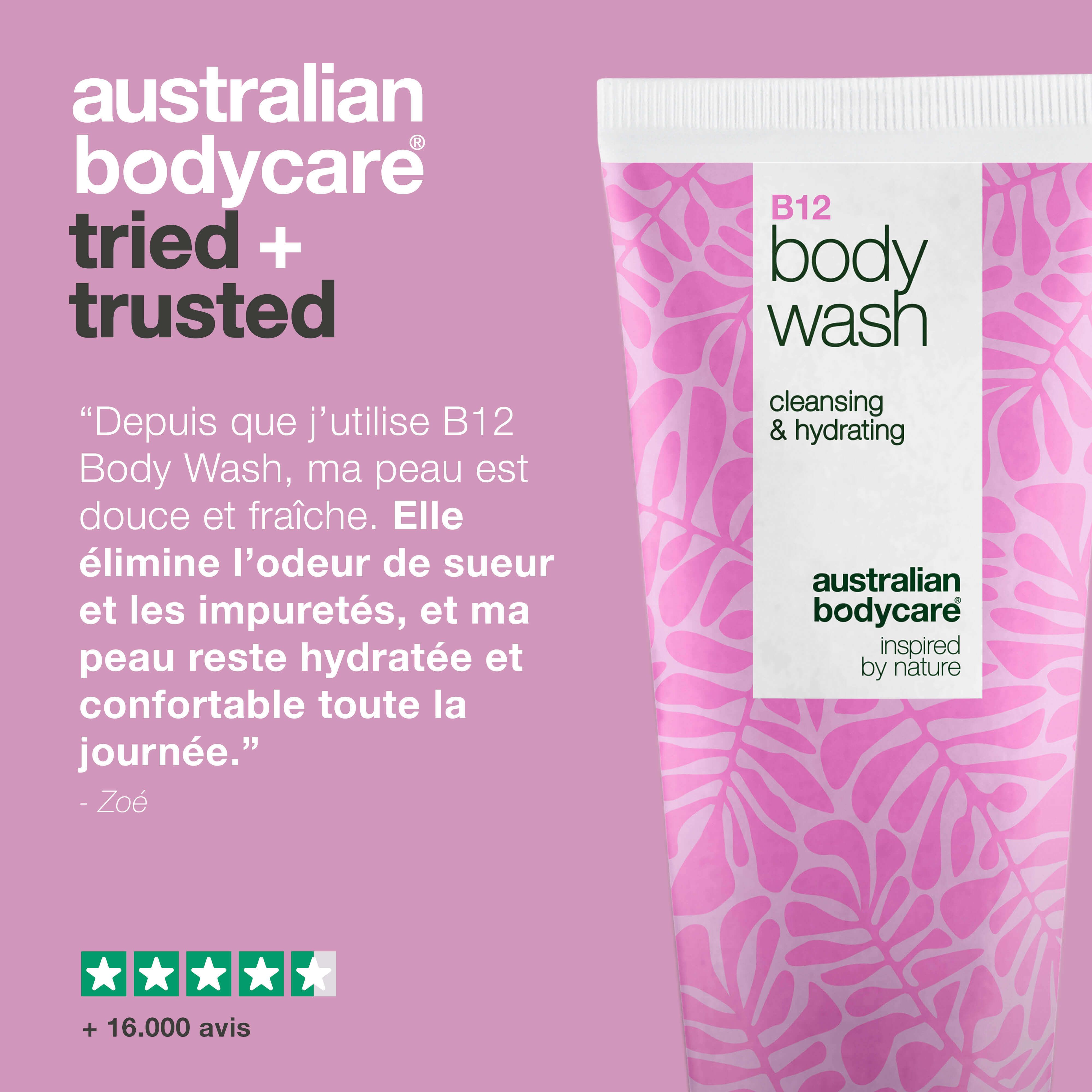 Texte : Australian Bodycare tried + trusted. Citation. Évaluation 5 étoiles. Tube B12 body wash.