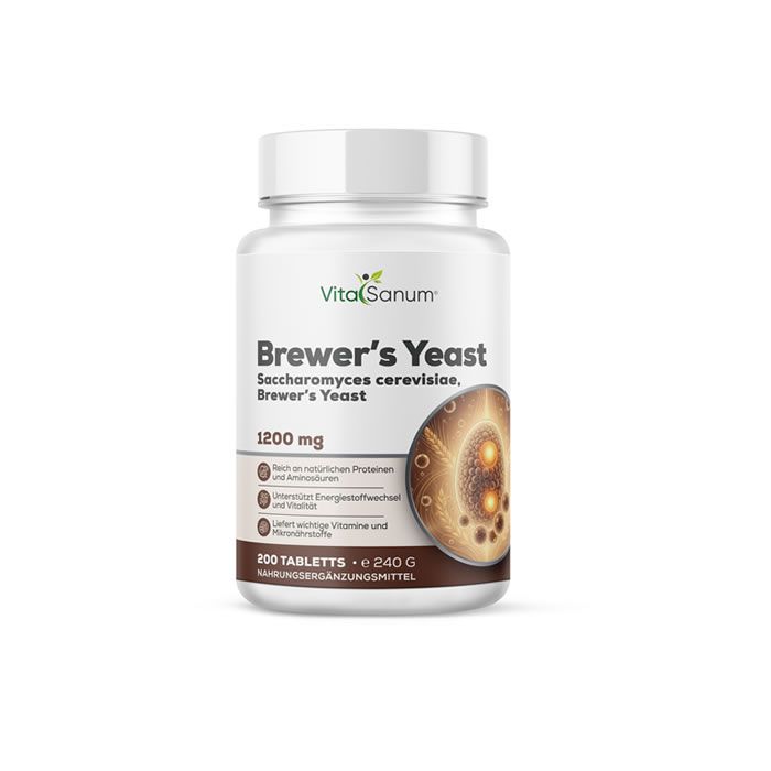 Weißes Tabletten-Glas mit Aufschrift "VitaSanum Brewer's Yeast". 200 Tabletten, 1200 mg. Abbildung einer Zelle.