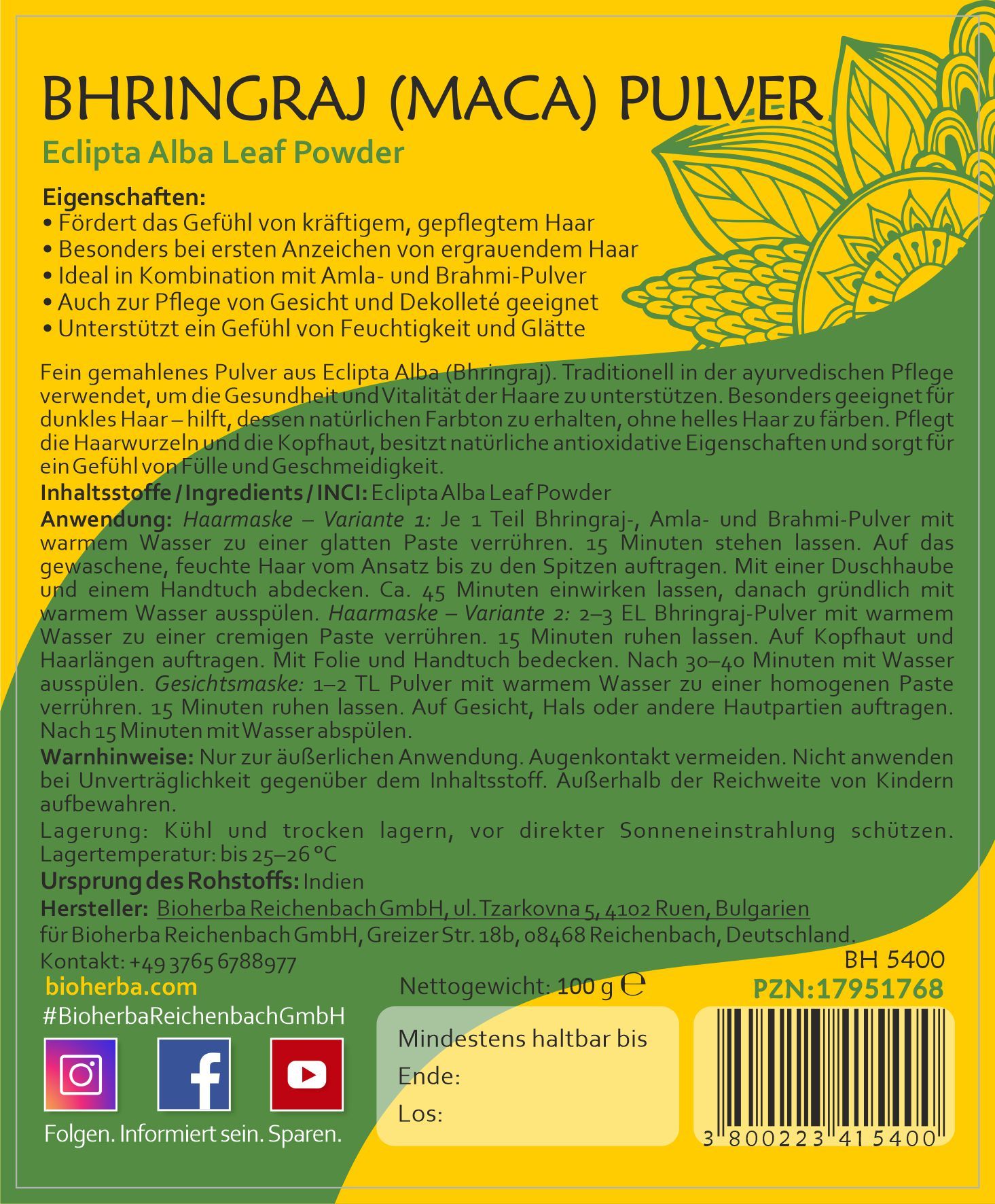 Rückseite des Etiketts mit Text: Bhringraj (Maca) Pulver, Eclipta Alba Leaf Powder. Eigenschaften, Inhaltsstoffe, Anwendung, Warnhinweise. 100 g. Mindestens haltbar bis.