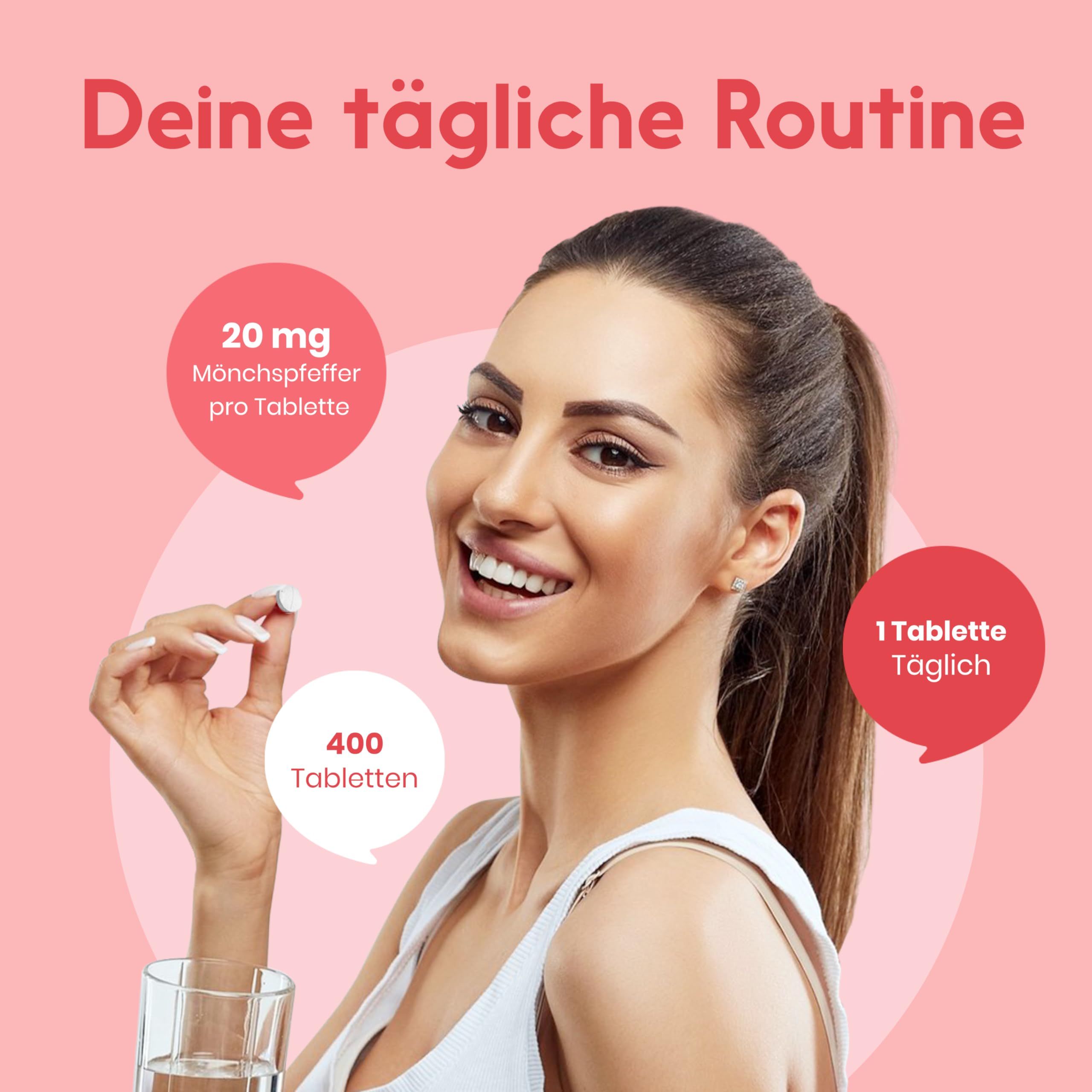 Frau hält Tablette. Text: 20 mg Mönchspfeffer pro Tablette, 400 Tabletten, 1 Tablette täglich.