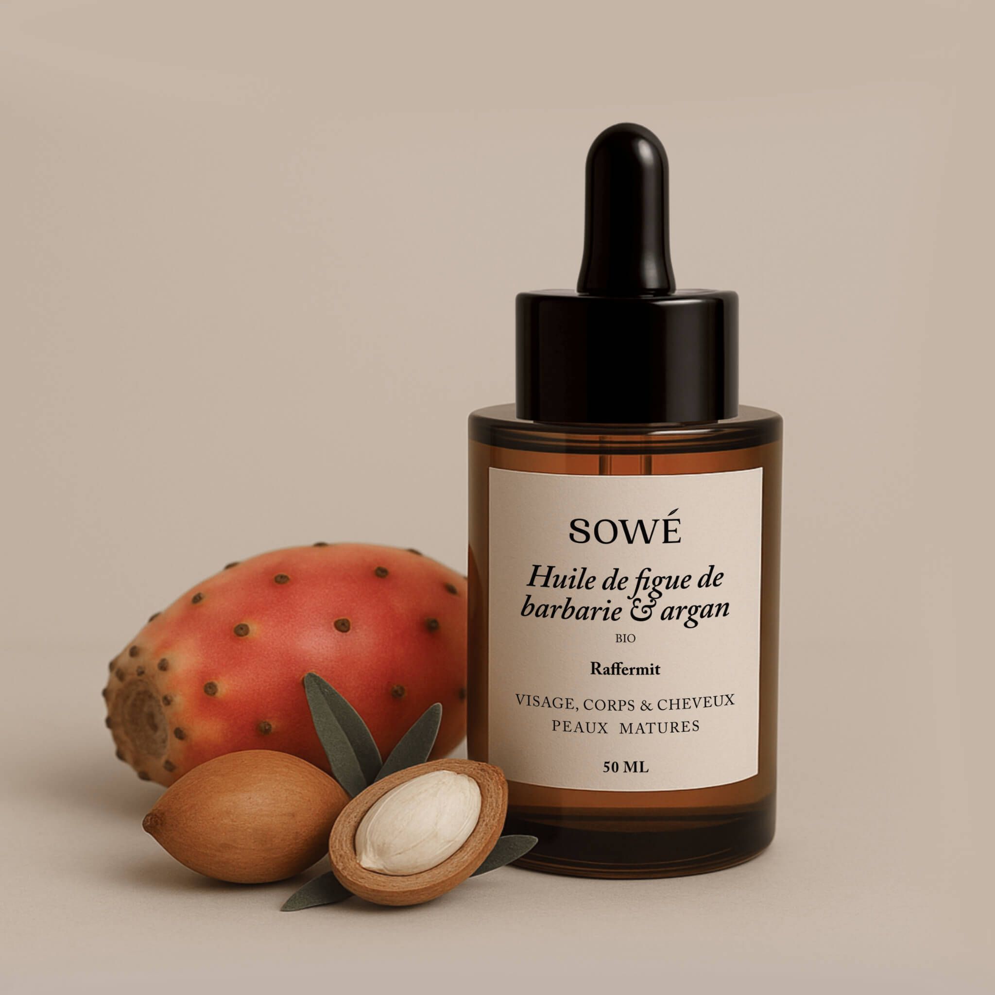 Braune Glasflasche mit Pipette, daneben Kaktusfeige und Argan-Nüsse. Etikett mit "SOWÉ" und "Huile de figue de barbarie & argan".