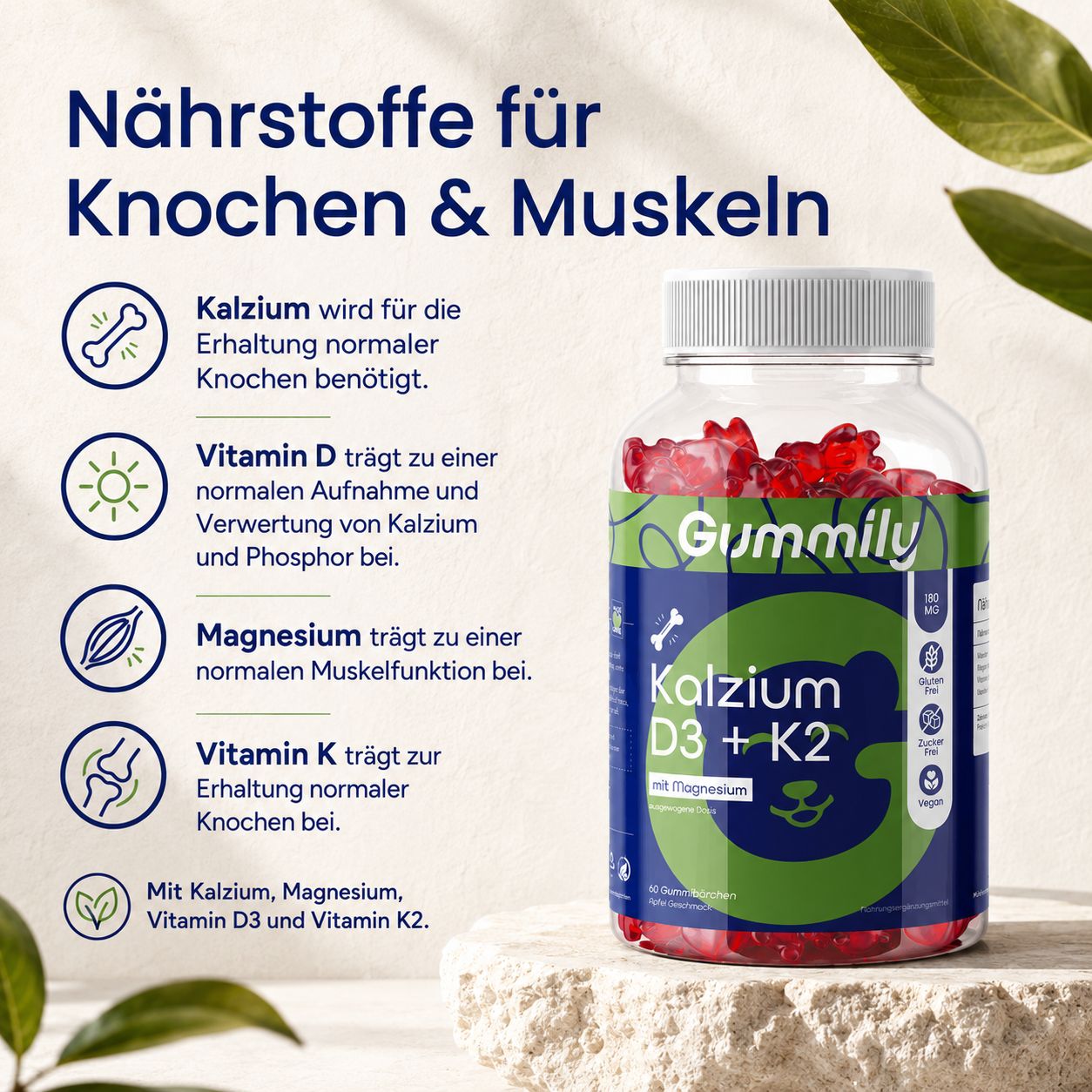 Gummily Kalzium D3+K2 Glas mit Icons für Knochen, Sonne, Muskeln, Knie und Blatt.
