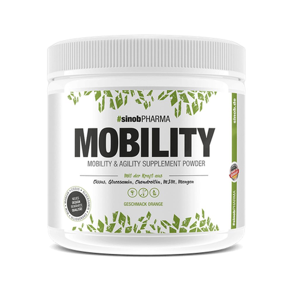 Weißes Supplement-Pulver in Dose. Aufschrift MOBILITY, #sinobPHARMA, Geschmack Orange. Enthält Cissus, Glucosamin, Chondroitin, MSM.