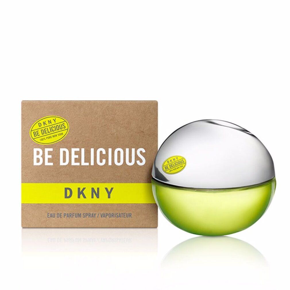 Runder Flakon mit silberfarbenem Deckel und gelb-grüner Flüssigkeit. Karton daneben. Aufschrift: DKNY Be Delicious.