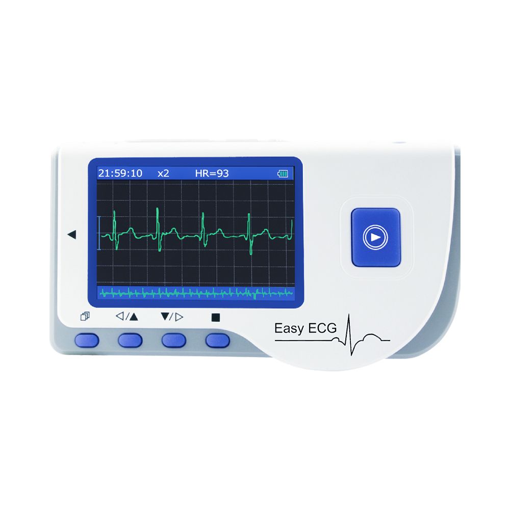 Handheld-EKG-Gerät mit blauem Bildschirm. Zeigt EKG-Kurve und Uhrzeit. Blaue Tasten und "Easy ECG"-Schriftzug.