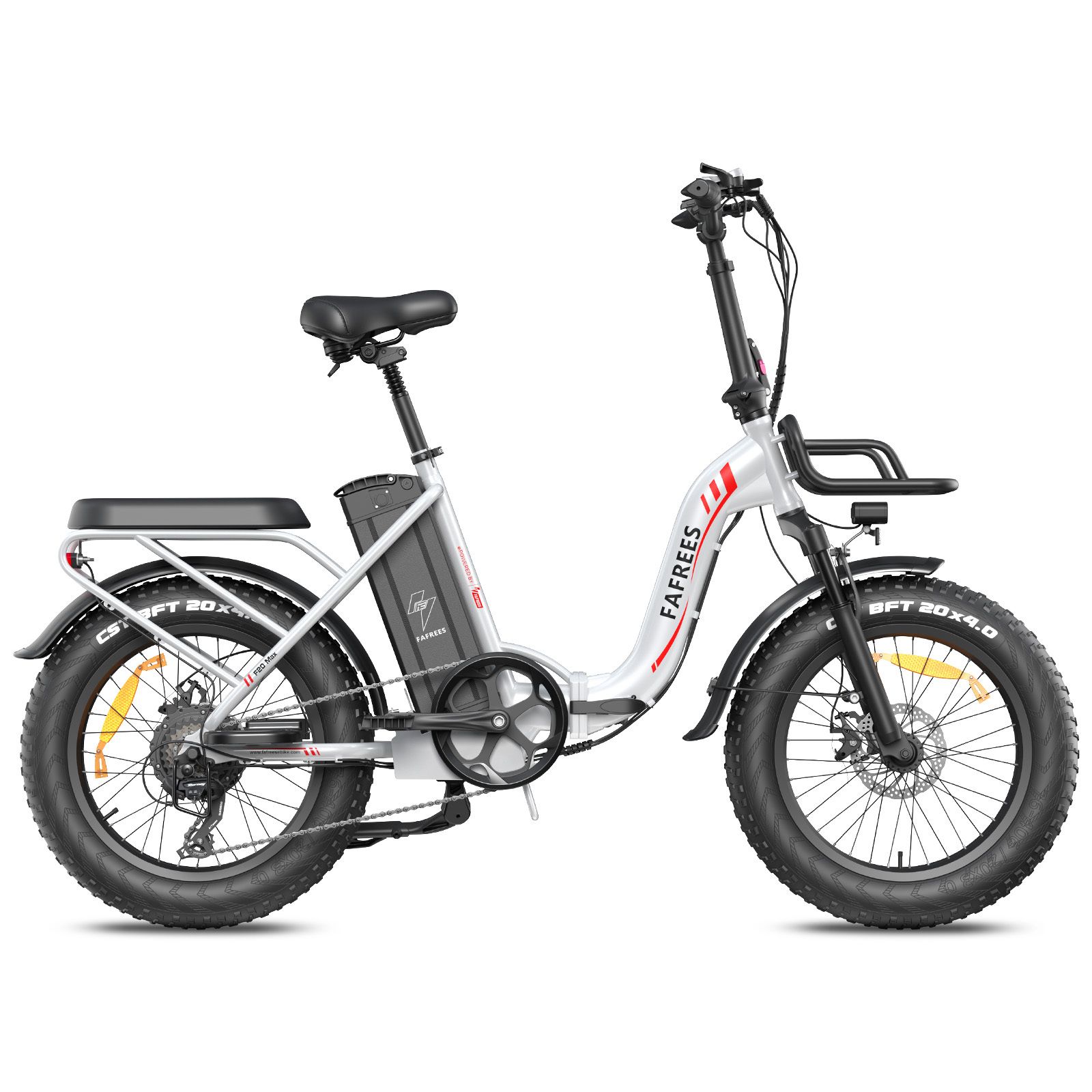 Falt-E-Bike mit weißem Rahmen, schwarzem Sattel und Reifen. FAFREES-Logo sichtbar. Gepäckträger.