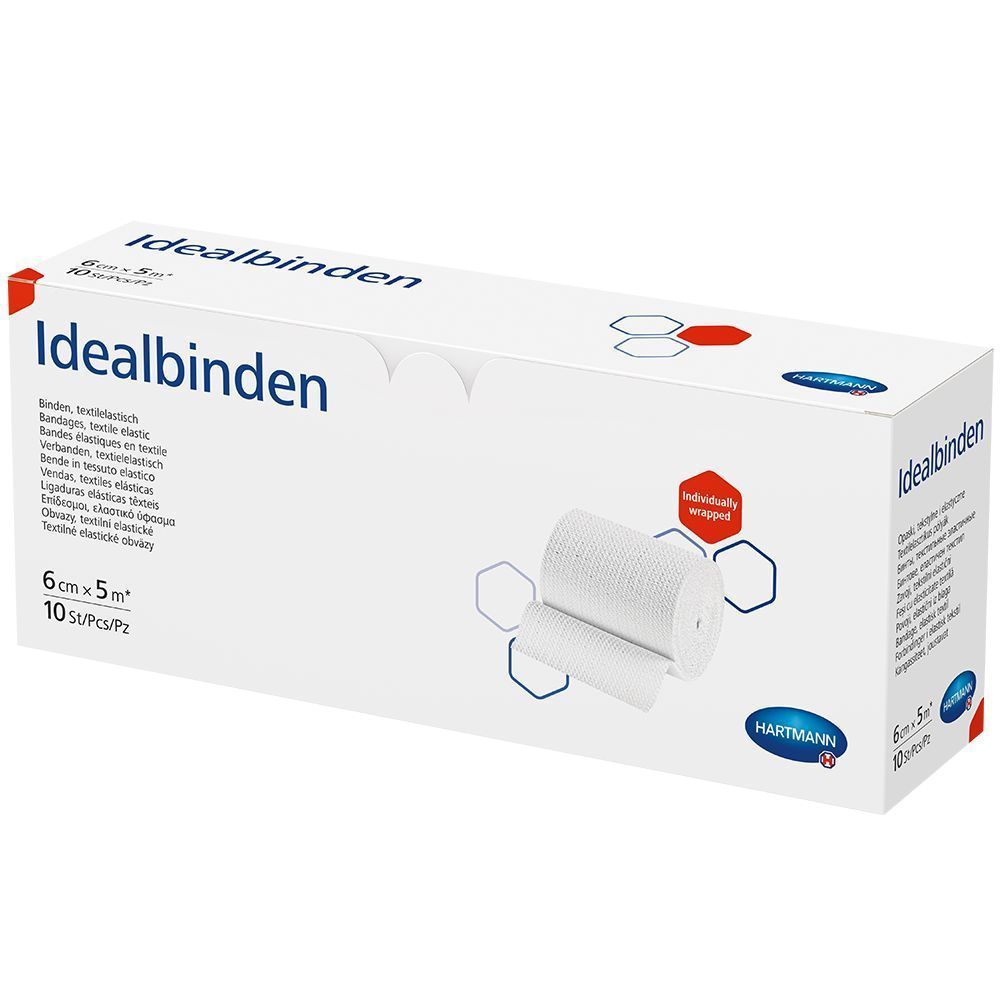 Weiße Verpackung mit Idealbinden-Aufdruck. Enthält 10 Stück, 6cm x 5m. Hartmann-Logo.