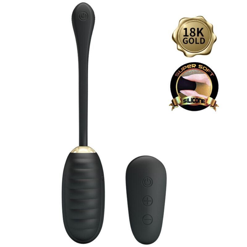 Schwarzes Vibrations-Ei mit Fernbedienung. Gold- und Silikon-Zertifizierungen. Text: 18K Gold, Super Soft Silicone.