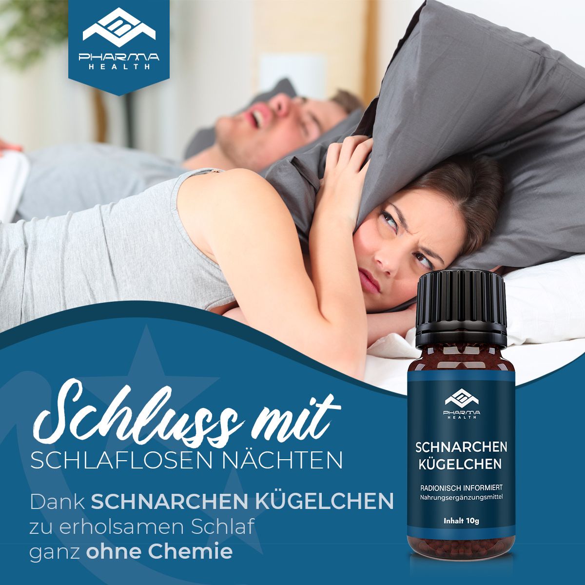 Produktflasche vor dem Hintergrund von Personen im Bett. Text: Schluss mit schlaflosen Nächten. Dank Schnarchen Kügelchen.