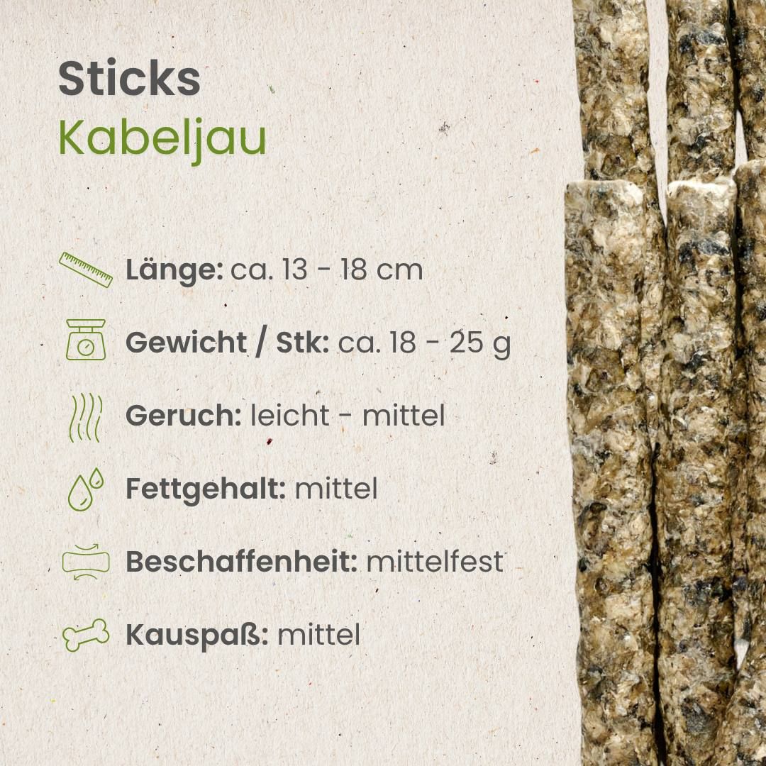 Hundefutter: Kabeljau-Sticks, 96% Kabeljau, 4% Tapioka, in einem Zipbeutel.