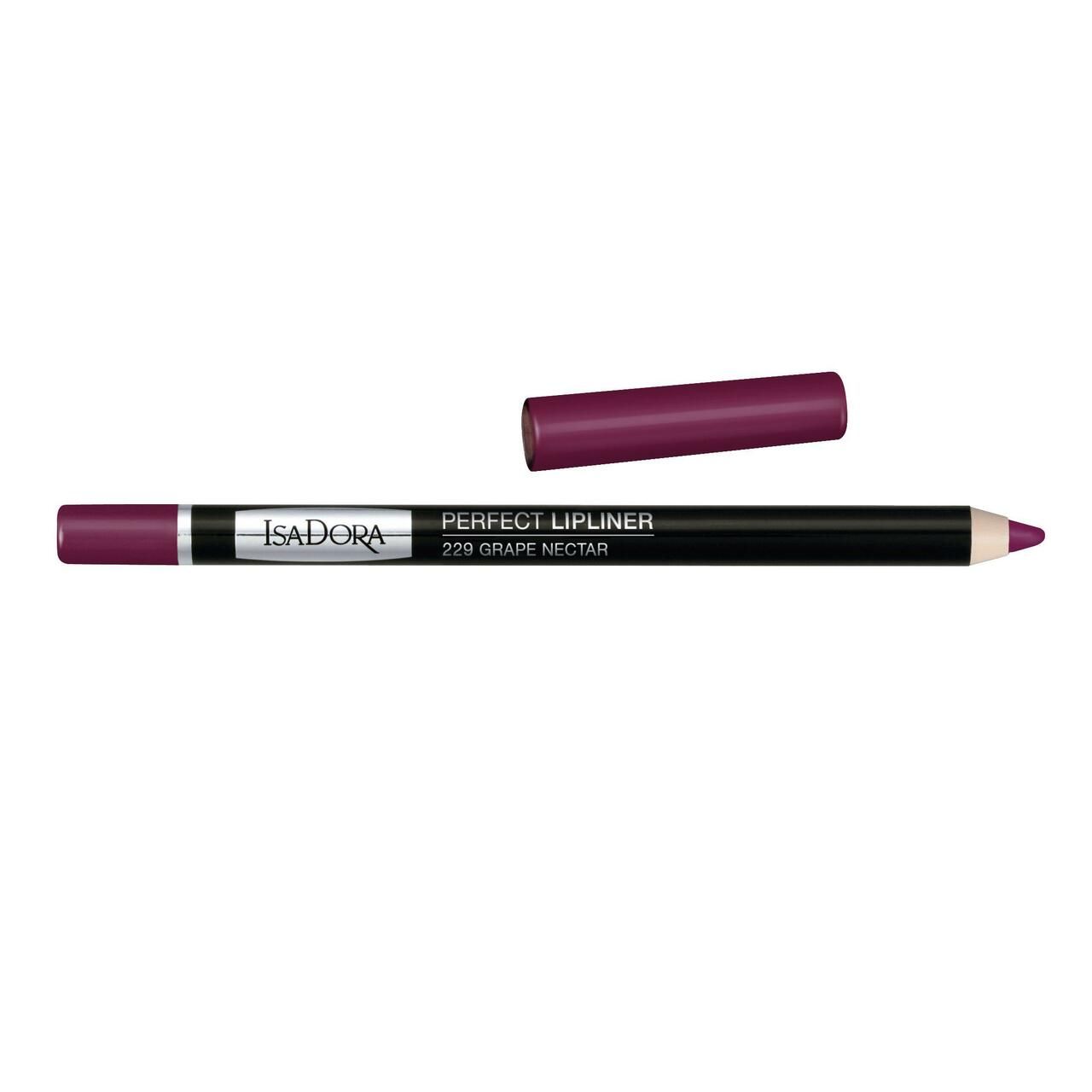 IsaDora Perfect Lipliner, Farbe 229 Grape Nectar. Schwarzer Stift mit lilafarbener Mine und Kappe. Marke und Produktname sind sichtbar.