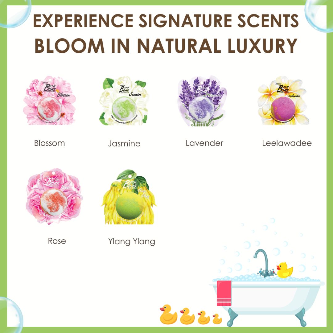Verschiedene Bubble Bath Bomben. Text: Blossom, Jasmin, Lavender, Leelawadee, Rose, Ylang Ylang. Badewanne mit Enten.