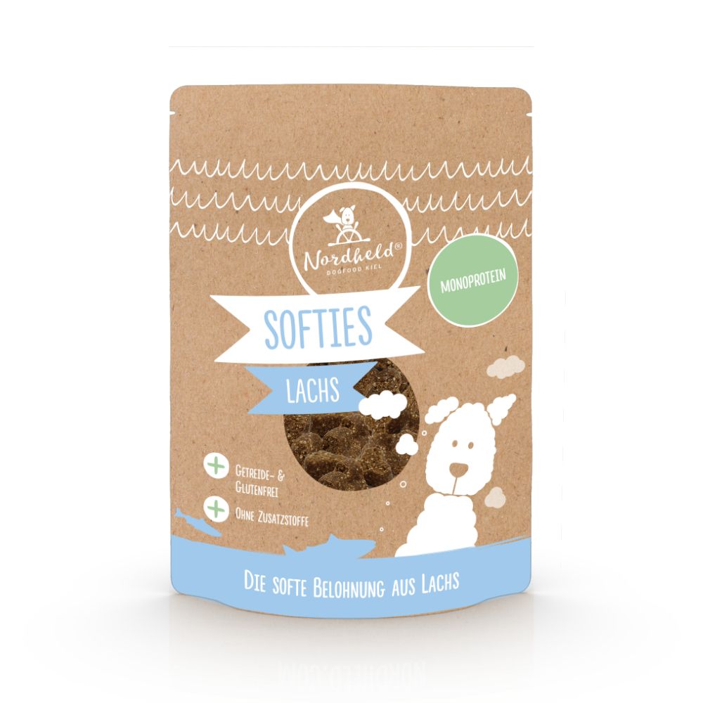 Verpackung mit Produktnamen und Logo. Text: Softies Lachs, Monoprotein, Getreide- & Glutenfrei, Ohne Zusatzstoffe.