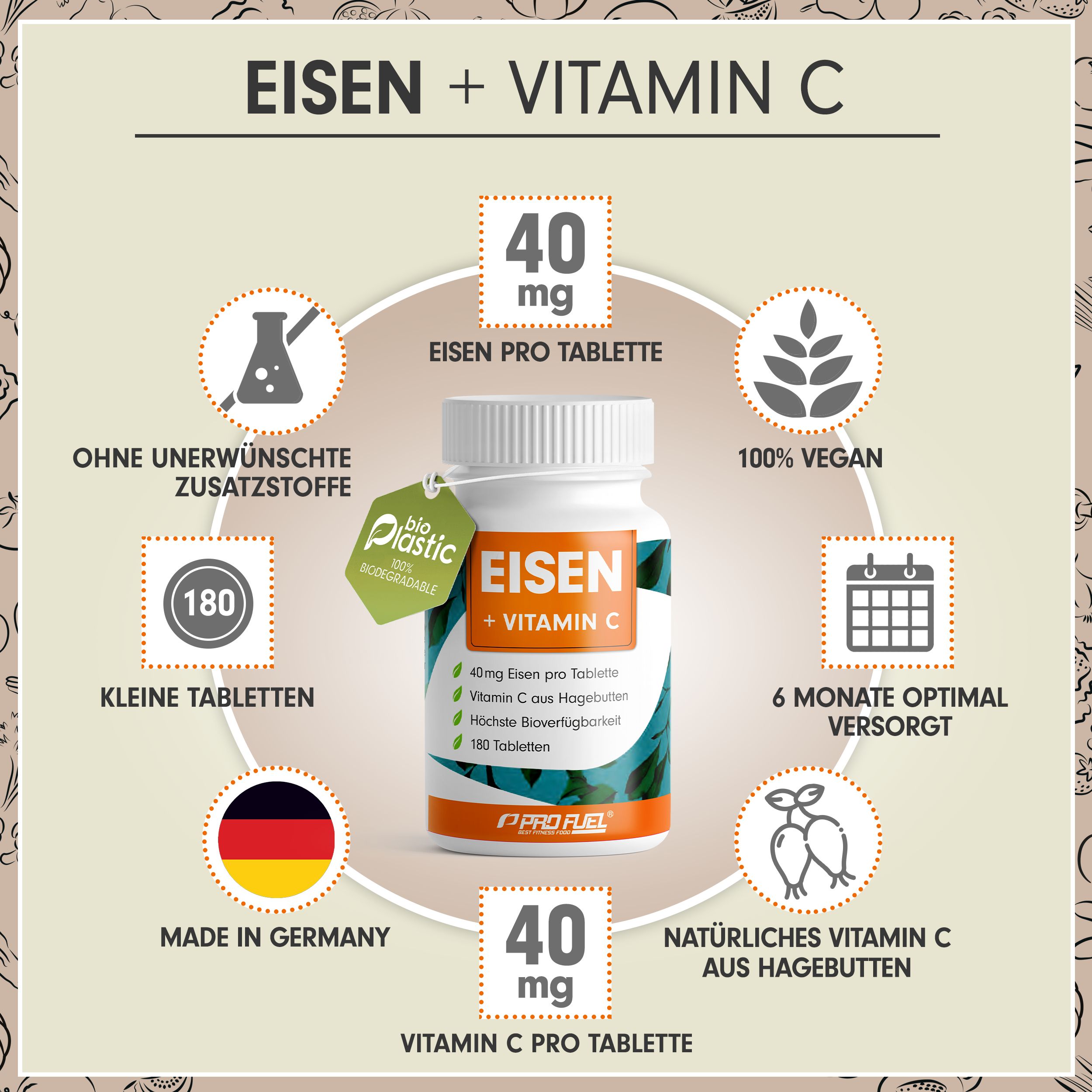 ProFuel - Eisen Tabletten mit natürlichem Vitamin C, ideal hochdosiert, 40mg & C 180 St