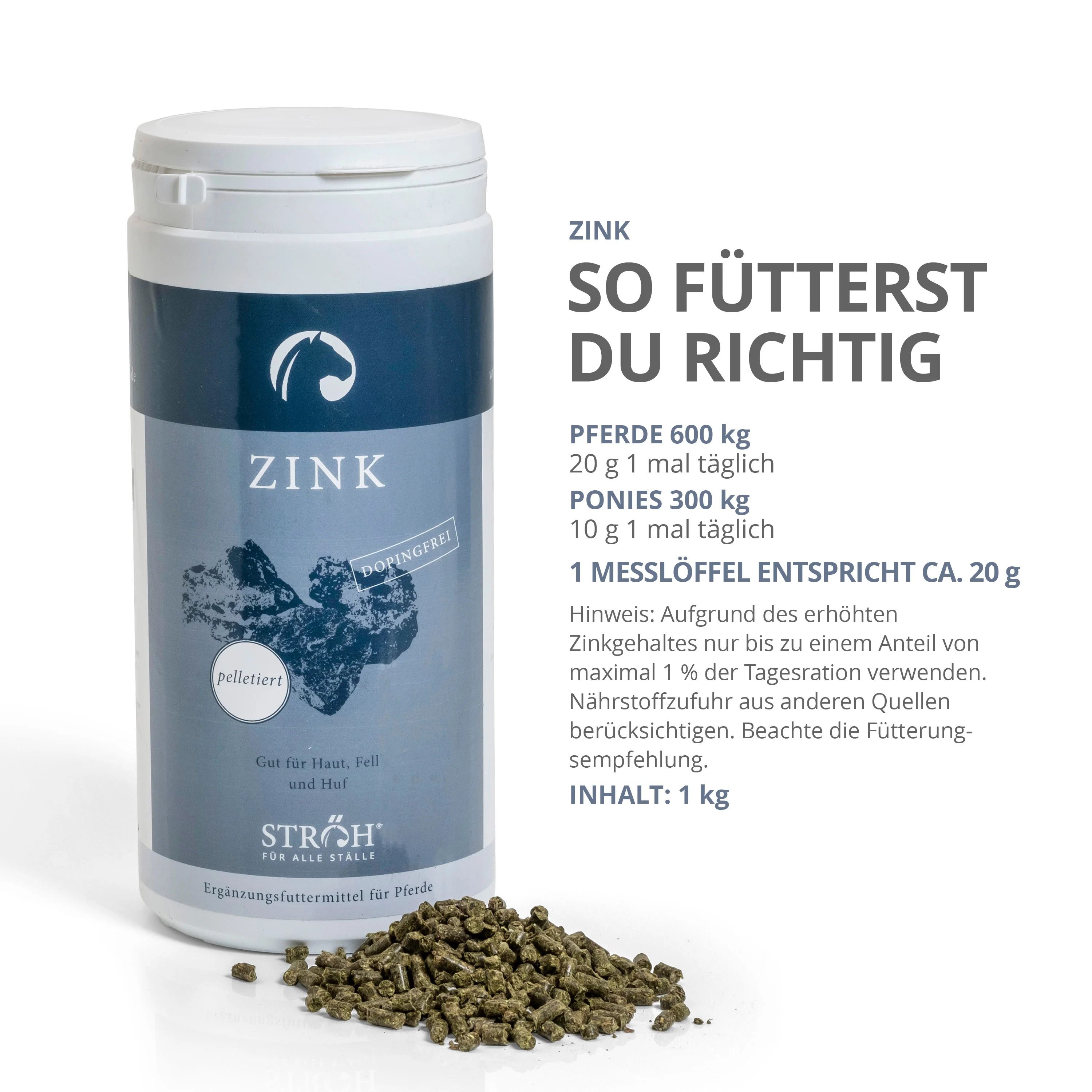Zink-Ergänzungsfuttermittel in Dose. Text: ZINK, pelletiert, Dopingfrei. Dosierungsempfehlung für Pferde und Ponys. Inhalt: 1 kg.