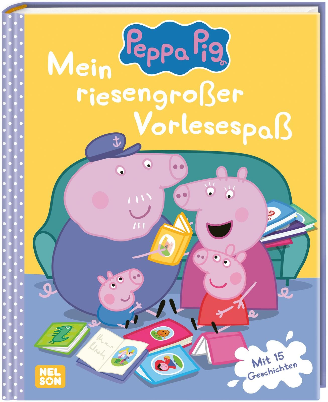 Buch "Peppa Pig: Mein riesengroßer Vorlesespaß". Cover mit Peppa Pig Familie. Auf gelbem Hintergrund, mit 15 Geschichten.