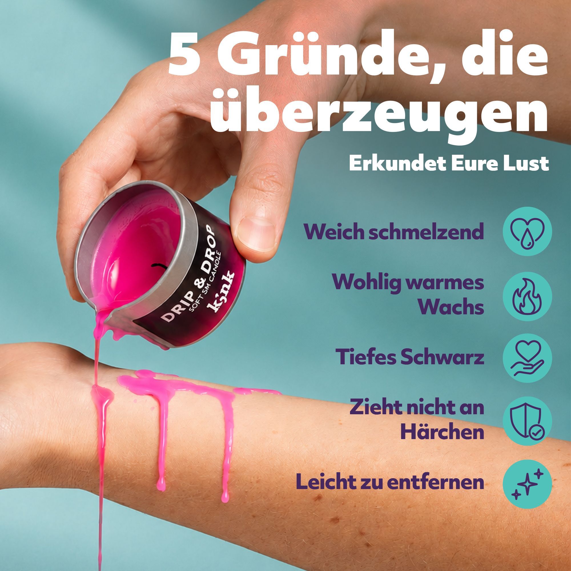 Pinke Massagekerze tropft flüssiges Wachs auf einen Arm.