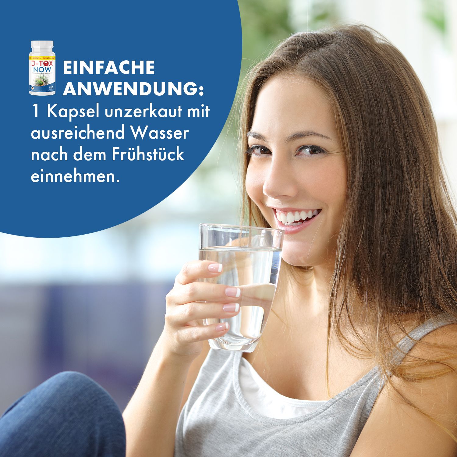 Frau trinkt Wasser. Text: Einfache Anwendung: 1 Kapsel unzerkaut mit ausreichend Wasser nach dem Frühstück einnehmen. Flasche im Bild.
