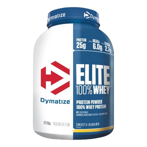 Blaue und weiße Dose mit „ELITE 100% WHEY“. Enthält Protein, BCAAs. Marke: Dymatize. Geschmack: Smooth Banana.