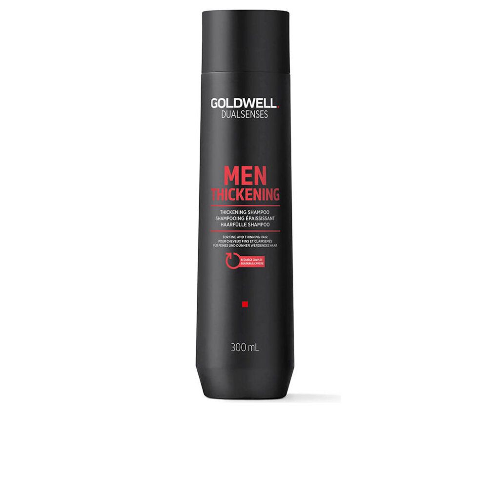 Schwarze Shampoo-Flasche mit roter und weißer Schrift. Aufschrift: Goldwell Dualsenses Men Thickening Shampoo. 300 ml.