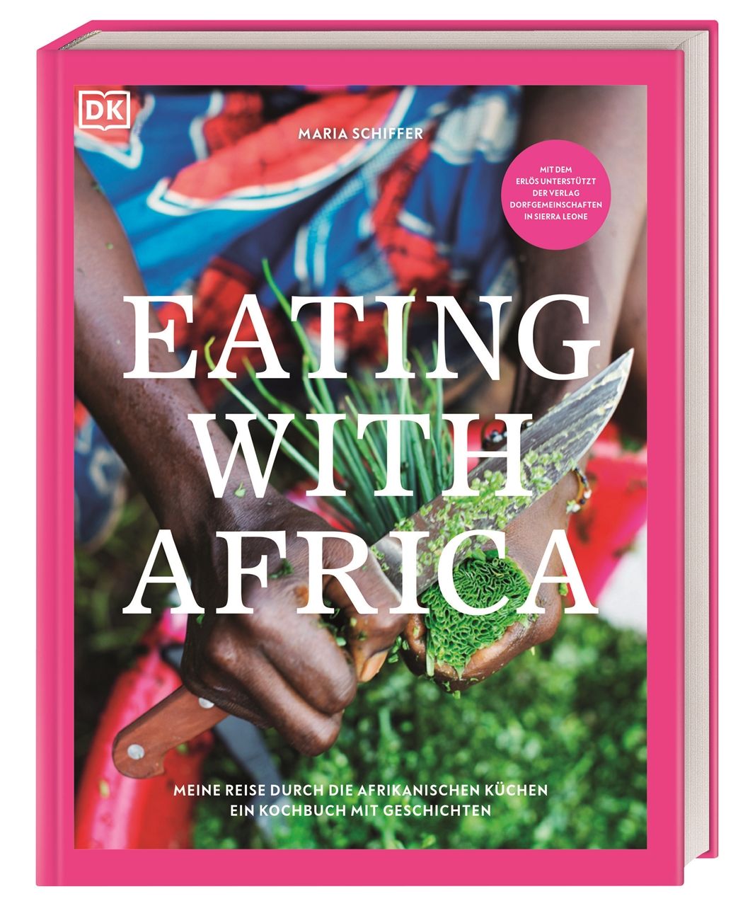Buch "Eating with Africa" mit pinkfarbenem Einband. Titel und Autor sichtbar. DK-Logo oben links.