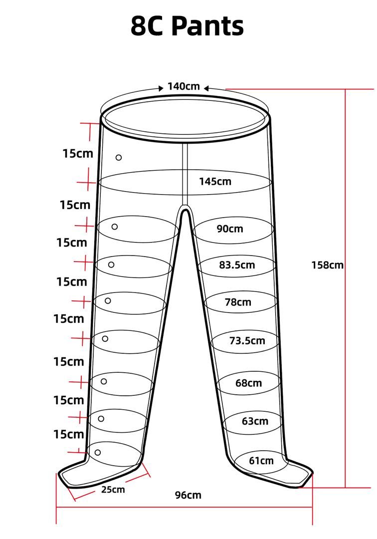 Diagramm mit Maßen für 8C Pants: Bund 140cm, Länge 158cm, Beinbreiten von 90cm bis 61cm.