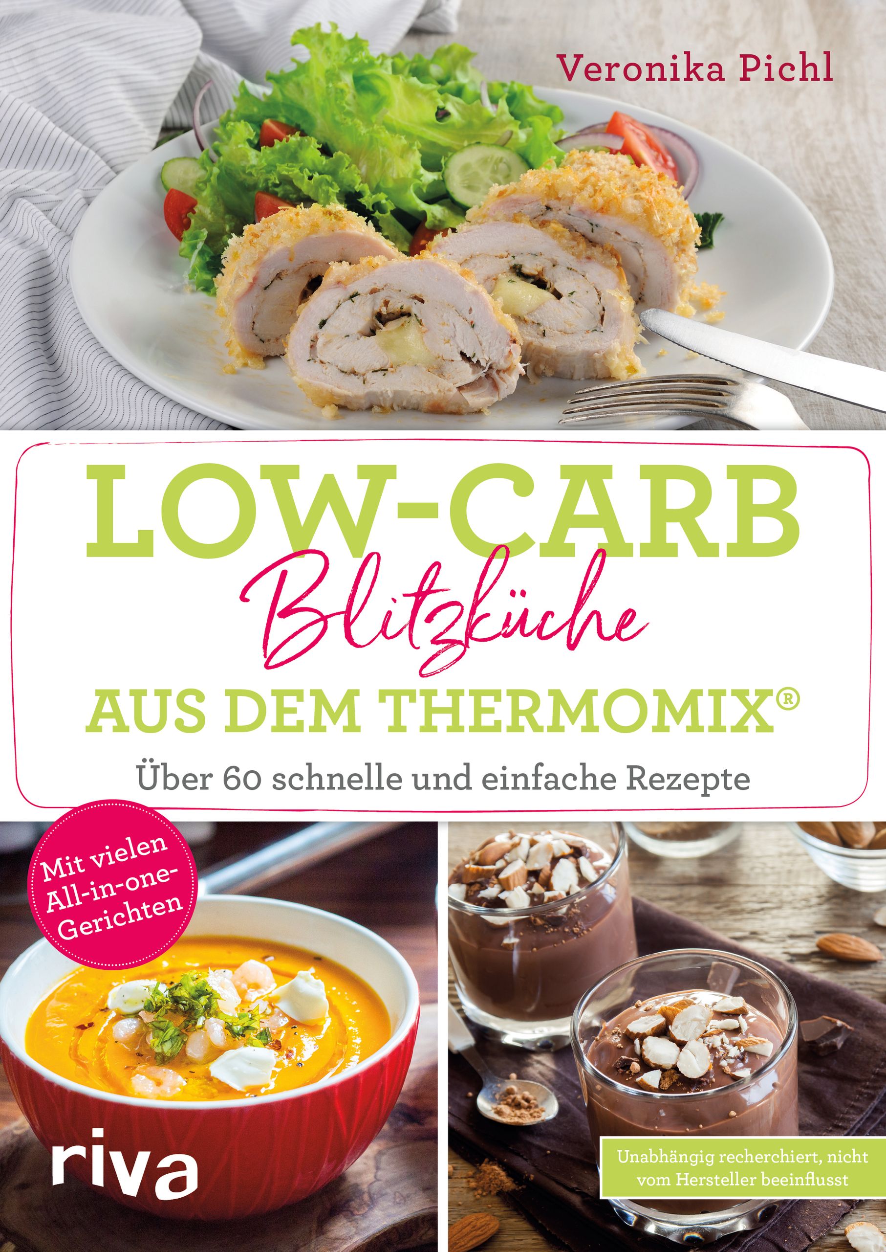 Buchcover mit Titel "LOW-CARB Blitzküche aus dem Thermomix®". Autorin: Veronika Pichl. Mit Rezepten und Abbildungen von Gerichten.