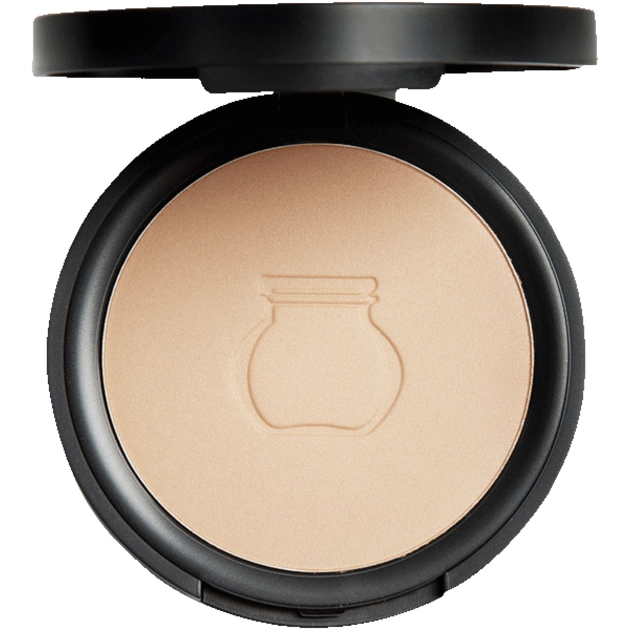 Runder, kompakter Puder in schwarzer Hülle. Hellbeige Puder mit geprägtem Design. Deckel geöffnet.